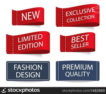 Clothing labels collection. Textile fabric tag with stitch. Clothes sticker with limited edition, fashion design, exclusive text. Realistic template emblem set of red and blue color. Isolated vector