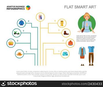 Clothing line flow chart slide template. Business data. Structure, point, design. Creative concept for infographic, report. Can be used for topics like production, marketing, fashion.
