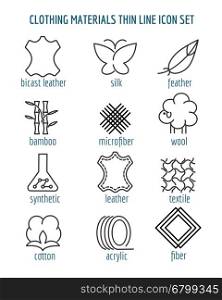 Clothing materials thin line icons. Cotton and silk, fiber and bamboo fabric linear signs. Vector illustration