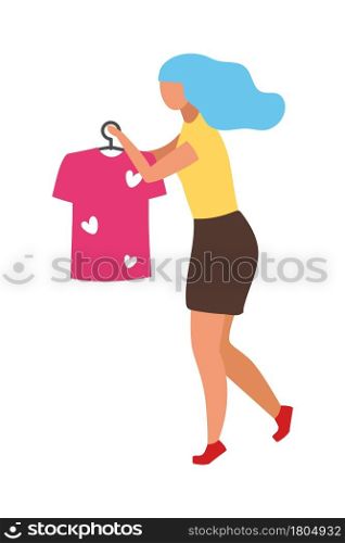 Clothing sales assistant with hanger semi flat color vector character. Full body person on white. Women clothing store isolated modern cartoon style illustration for graphic design and animation. Clothing sales assistant with hanger semi flat color vector character
