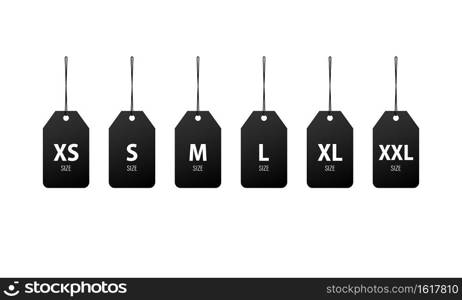 Clothing size label icon in black. Small, large and extra large sizes. XS, S, M, L, XL, XXL tags. Vector EPS 10. Isolated on white background.. Clothing size label icon in black. Small, large and extra large sizes. XS, S, M, L, XL, XXL tags. Vector EPS 10. Isolated on white background