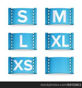 Clothing Size Labels Set Vector. Isolated On White. Realistic Illustration. Size Label Fabric Vector. Realistic Set Bright Blank Fabric Labels Or Badges