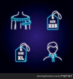 Clothing size tags and body measuring neon light icons set. XS and XXL labels, neck and shoulders circumference. Clothing signs with outer glowing effect. Vector isolated RGB color illustrations