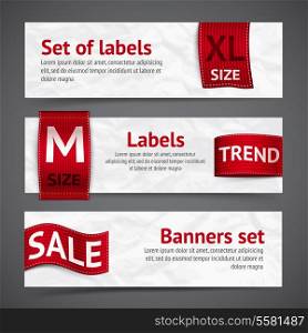 Clothing size trend sale red label ribbon banners set isolated vector illustration