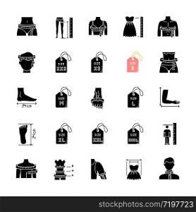 Clothing sizes black glyph icons set on white space. Human body measurements silhouette symbols. Female and male dimensions and proportions parameters for apparel. Vector isolated illustration