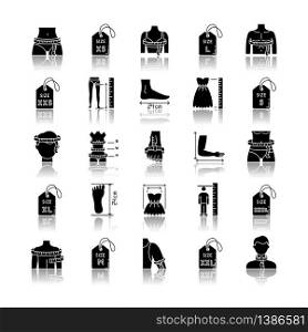 Clothing sizes drop shadow black glyph icons set. Human body measurements. Female and male dimensions and proportions parameters for apparel. Isolated vector illustrations on white space. Clothing sizes drop shadow black glyph icons set. Human body measurements. Female and male dimensions and proportions parameters for apparel. Isolated vector illustrations on white space.