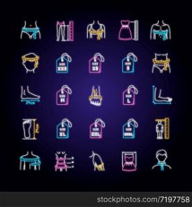Clothing sizes neon light icons set. Human body measurements signs with outer glowing effect. Female and male dimensions and proportions parameters for apparel. Vector isolated RGB color illustrations