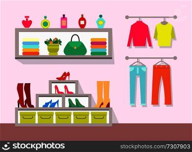 Clothing store and interior, sweater and trousers, shoes and bags, perfumes and plant, boxes and shelves, indoor decor isolated on vector illustration. Clothing Store and Interior Vector Illustration