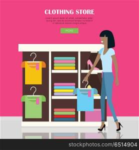 Clothing Store Illustration. Clothing store illustration. Woman make her purchases in clothing shop. Shelves with clothes in shop. People shopping, marketing people, customer in mall, retail store illustration. Website template.