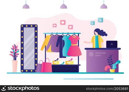 Clothing store interior. Female seller behind counter. Different clothes hanging on hanger. Fashion store. ?oncept of business, shopping and boutiques. Banner in trendy style. Flat vector illustration. Clothing store interior. Female seller behind counter. Different clothes hanging on hanger. Fashion store