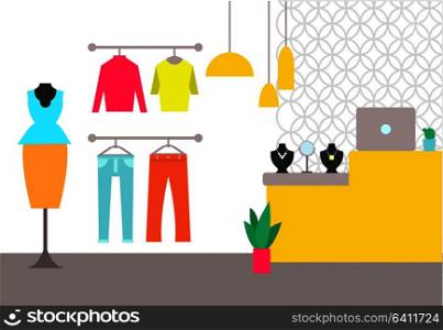 Clothing store interior poster and sweaters trousers and suit counter with laptop and jewelry clothing store and lamps isolated on vector illustration. Clothing Store Interior Poster Vector Illustration