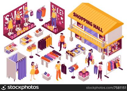 Clothing store isometric set with shopping mall building fitting room sale display stands racks customers vector illustration