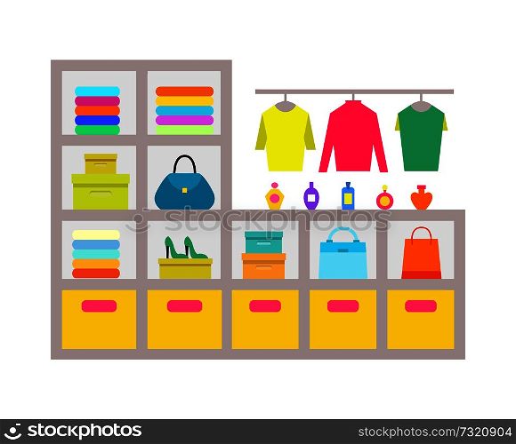 Clothing store shelves, poster with sweaters, on hangers, shoes and bags, perfumes and boxes with objects, vector illustration, isolated on white. Clothing Store Shelves Poster Vector Illustration