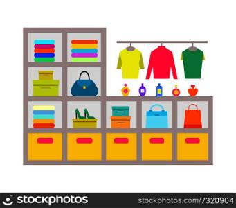 Clothing store shelves, poster with sweaters, on hangers, shoes and bags, perfumes and boxes with objects, vector illustration, isolated on white. Clothing Store Shelves Poster Vector Illustration