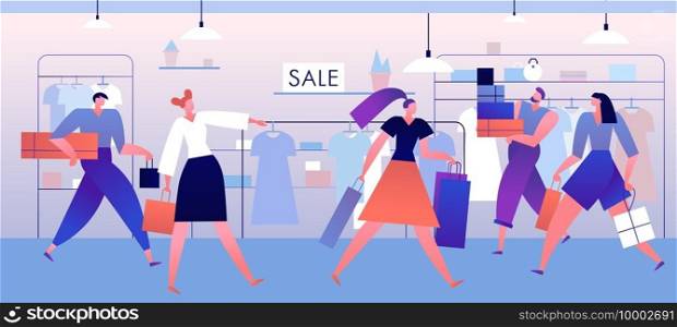 Clothing store. Shopping people with boxes and bags inside fashion outlet, boutique. Fashionable clothes xmas big sale vector concept. Clothing store. Shopping people with boxes and bags inside fashion outlet, boutique. Fashionable clothes vector concept