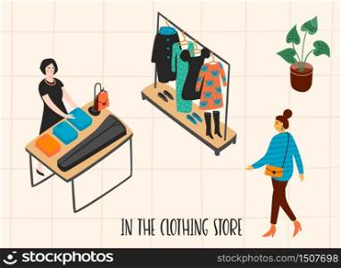 Clothing store. Vectpr illustration with characters.