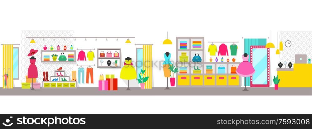 Clothing store with counter and clothes vector, shelves with shoes and dress, hat and sweaters, jewelry and accessories for ladies, womans shopping center. Clothing Store, Shop for Women to Buy Clothes