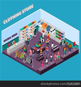 Clothing Store With Mannequins Isometric Composition. Clothing store isometric composition with customers shelves with goods racks with dresses mannequins in apparel vector illustration