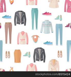 Clothing vector seamless pattern. Flat style illustration. Jacket, sweater, coat, shoes, sneakers, pants, scarf illustrations on white background. For goods wrapping paper, stores ad prints design. Clothing Seamless Pattern Vector Illustration. Clothing Seamless Pattern Vector Illustration