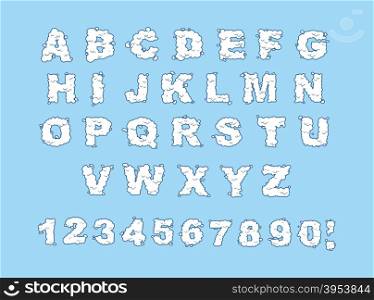 Cloud alphabet. Cloud letters and numbers. White cloud font. Blue sky background. Set of letters and numbers&#xA;