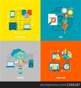 Cloud analyzes and searching engine optimization data analytics network 4 flat icons square composition banner isolated vector illustration . Database Analytics Flat Icons Square