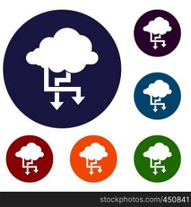 Cloud and arrows icons set in flat circle reb, blue and green color for web. Cloud and arrows icons set