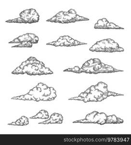 Cloud and cloudiness vintage sketches. Vector hand drawn sky of ancient engraved fluffy clouds, antique map elements. Cloudscape with etching texture of curved air streams, cloudy heaven. Cloud and cloudiness vintage sketch, cloudy sky