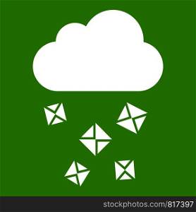Cloud and hail icon white isolated on green background. Vector illustration. Cloud and hail icon green