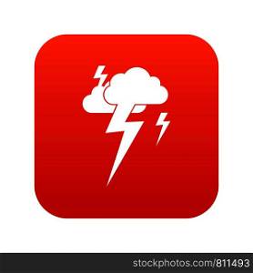Cloud and lightning icon digital red for any design isolated on white vector illustration. Cloud and lightning icon digital red