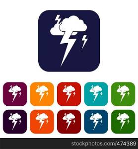 Cloud and lightning icons set vector illustration in flat style In colors red, blue, green and other. Cloud and lightning icons set