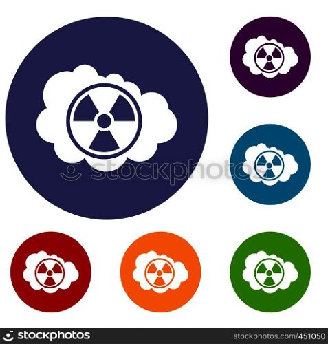 Cloud and radioactive sign icons set in flat circle reb, blue and green color for web. Cloud and radioactive sign icons set