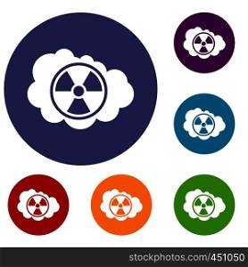 Cloud and radioactive sign icons set in flat circle reb, blue and green color for web. Cloud and radioactive sign icons set