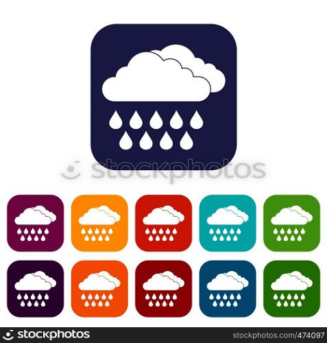Cloud and rain icons set vector illustration in flat style In colors red, blue, green and other. Cloud and rain icons set