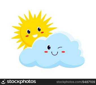 Cloud and smiling sun weather forecast cartoon characters kids personages. Vector happy sunny weather with clouds on sky, joyful summer season weather. Cloud and smiling sun weather cartoon characters