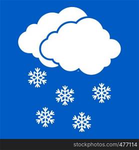 Cloud and snowflakes icon white isolated on blue background vector illustration. Cloud and snowflakes icon white