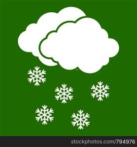 Cloud and snowflakes icon white isolated on green background. Vector illustration. Cloud and snowflakes icon green