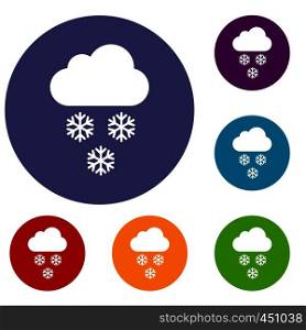Cloud and snowflakes icons set in flat circle reb, blue and green color for web. Cloud and snowflakes icons set
