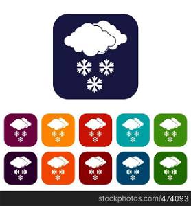 Cloud and snowflakes icons set vector illustration in flat style In colors red, blue, green and other. Cloud and snowflakes icons set