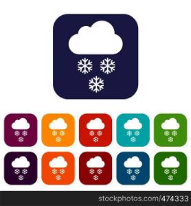 Cloud and snowflakes icons set vector illustration in flat style In colors red, blue, green and other. Cloud and snowflakes icons set