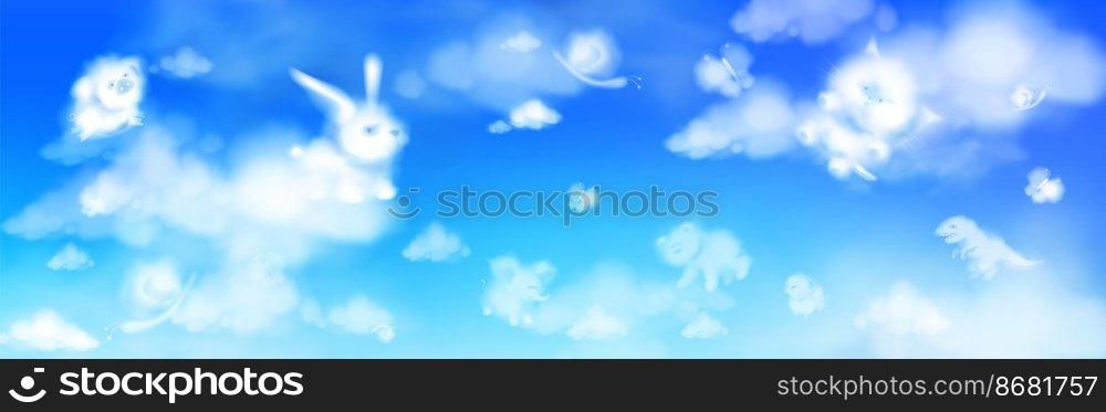 Cloud animals flying in blue sky, fluffy eddies in shape of cute rabbit, bear, elephant and pig with chick and snail or cat with dinosaur, weather and nature concept, realistic 3d vector illustration. Cloud animals flying in blue sky, fluffy eddies