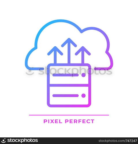Cloud backup pixel perfect gradient linear vector icon. Remote server for digital data. Save important information. Thin line color symbol. Modern style pictogram. Vector isolated outline drawing. Cloud backup pixel perfect gradient linear vector icon