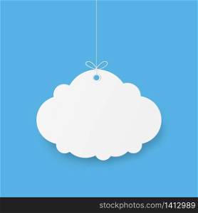 Cloud banner for advertising on blue sky. Copy space. Speech Bubble, White blank hanging. Vector illustration