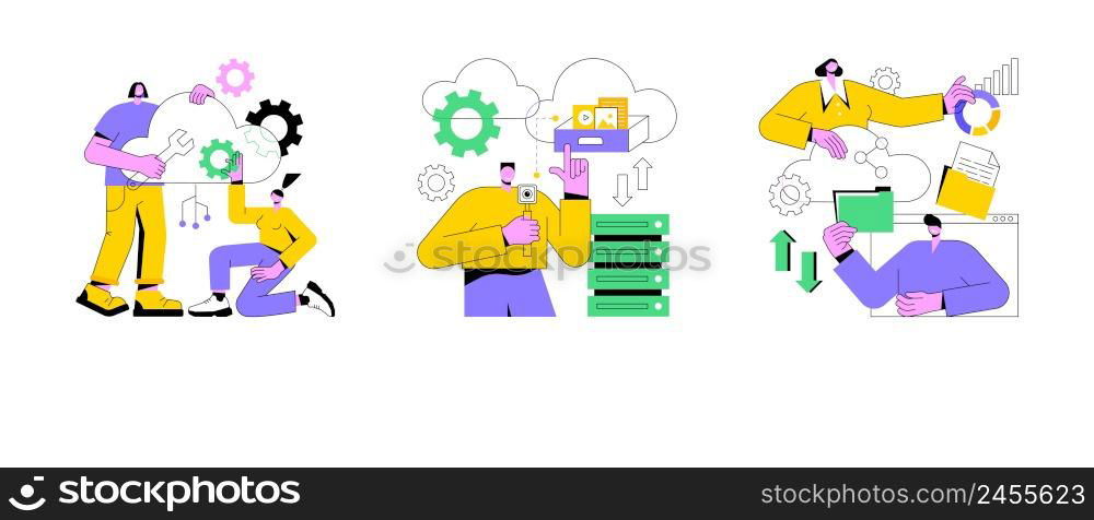 Cloud-based computing abstract concept vector illustration set. Cloud engineering, storage and collaboration, hosted data storage, database security, remote business solutions abstract metaphor.. Cloud-based computing abstract concept vector illustrations.