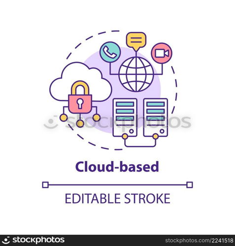 Cloud-based concept icon. Virtual database. Communication online. UCaaS function abstract idea thin line illustration. Isolated outline drawing. Editable stroke. Arial, Myriad Pro-Bold fonts used. Cloud-based concept icon