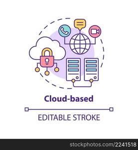 Cloud-based concept icon. Virtual database. Communication online. UCaaS function abstract idea thin line illustration. Isolated outline drawing. Editable stroke. Arial, Myriad Pro-Bold fonts used. Cloud-based concept icon