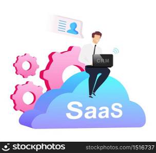 Cloud based CRM flat concept vector illustration. Man with laptop sitting on cumulus 2D cartoon characters for web design. Businessman in shirt, pants and necktie. SaaS creative idea