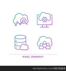 Cloud based service pixel perfect gradient linear vector icons set. Users access to data on internet. Thin line contour symbol designs bundle. Isolated outline illustrations collection. Cloud based service pixel perfect gradient linear vector icons set