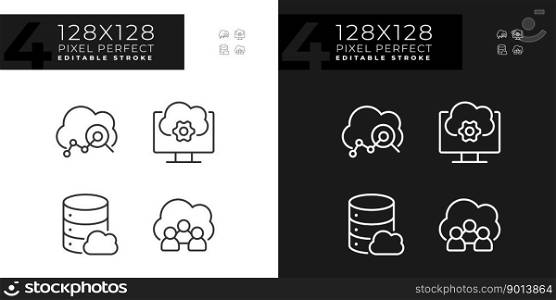 Cloud based service pixel perfect linear icons set for dark, light mode. Users access to data on internet. Thin line symbols for night, day theme. Isolated illustrations. Editable stroke. Cloud based service pixel perfect linear icons set for dark, light mode