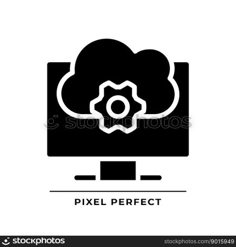 Cloud based software black glyph icon. Application online support. Computing technology in programming. Silhouette symbol on white space. Solid pictogram. Vector isolated illustration. Cloud based software black glyph icon