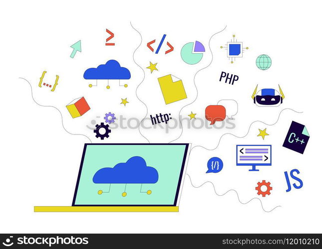 Cloud based software development 2D linear cartoon object. Saas technology in programming isolated line vector element white background. Web design online tools color flat spot illustration. Cloud based software development 2D linear cartoon object